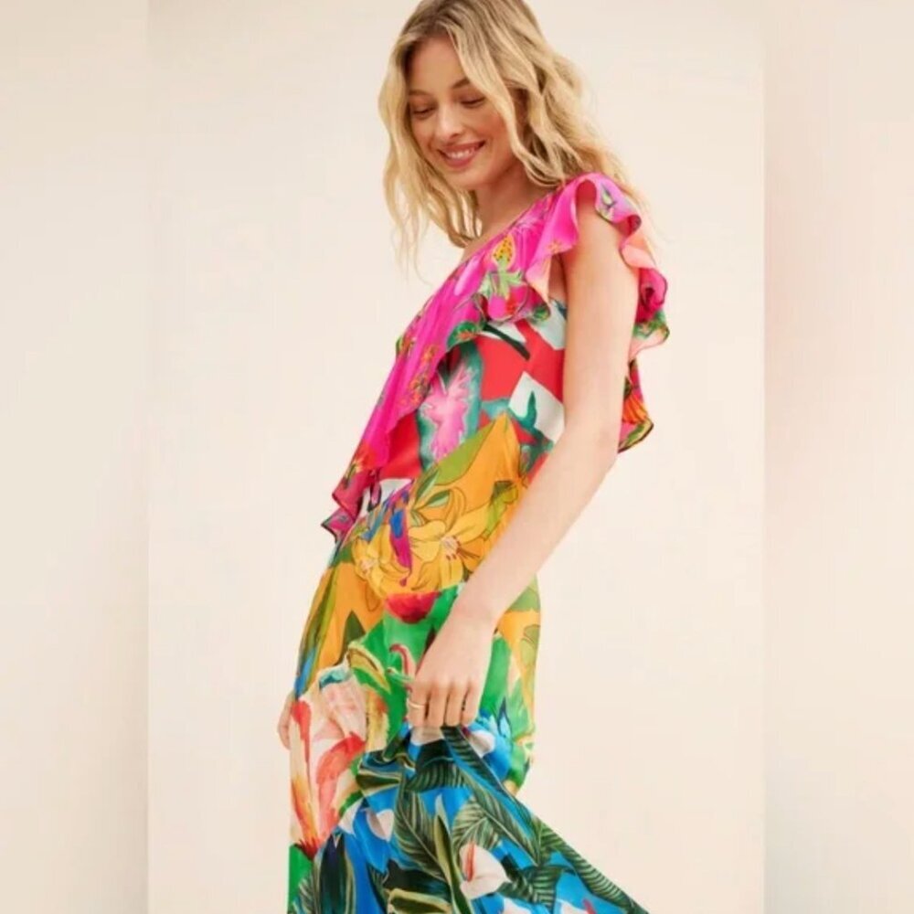 FARM Rio Mixed Flowery Ruffle One Shoulder Dress Tropical - Picture 2 of 10